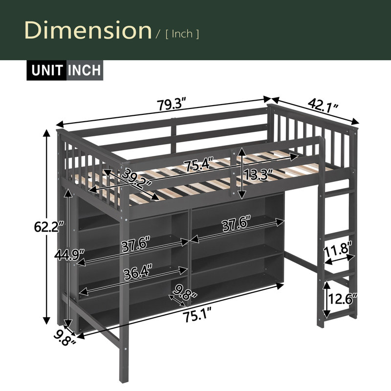 Lit mezzanine avec 8 tablettes de rangement ouvertes, Lit simple, Gris antique