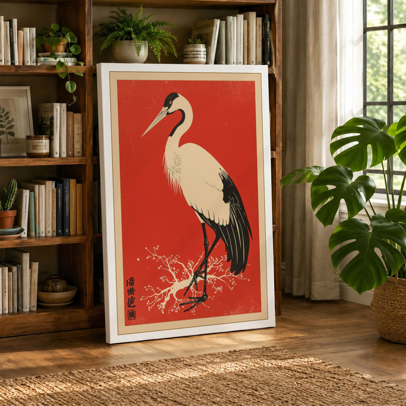 Crane in Red Japandi - Wrapped Canvas, 18x12 - 45.7 x 30.5 cm, Sage Border