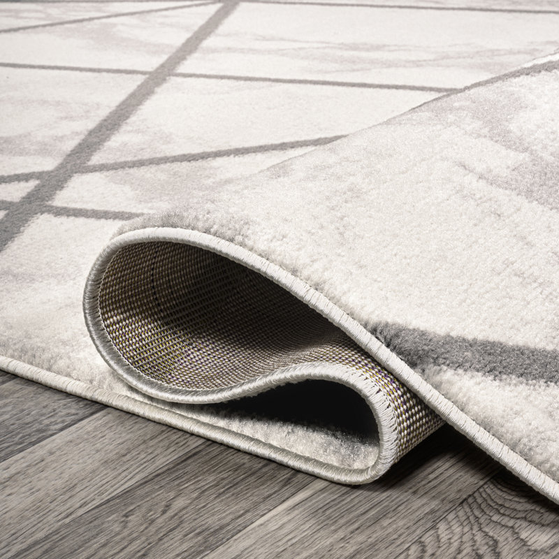 Gray and Ivory Geometric Washable Rectangular Rug