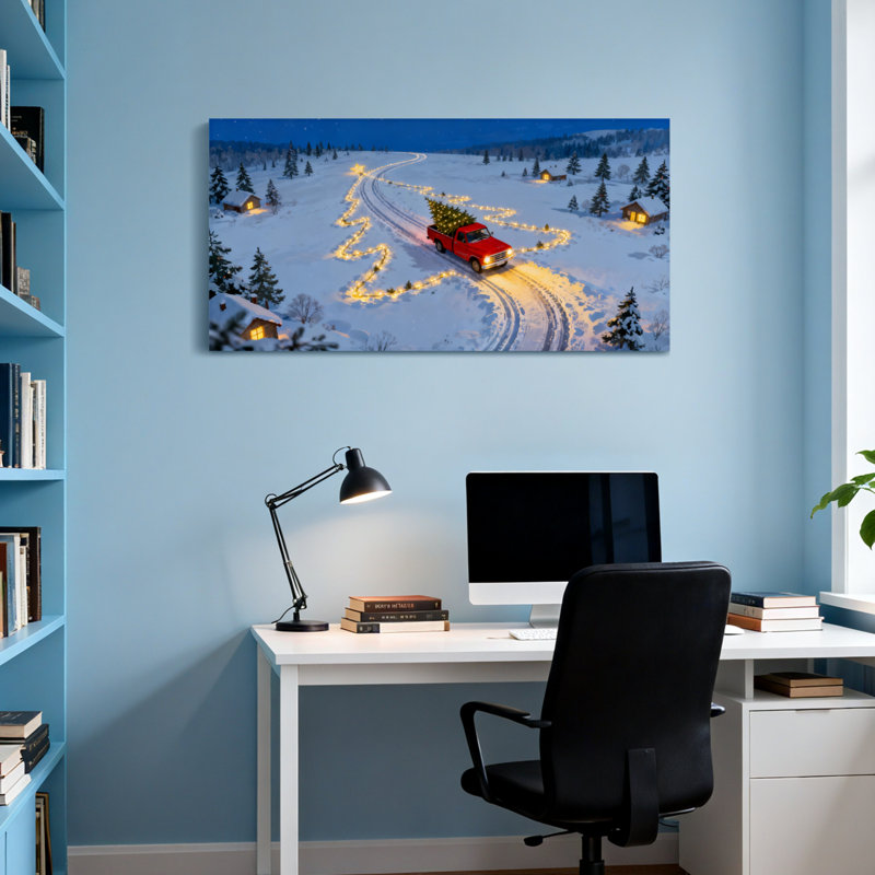 Arbre de Noël de Noël illumine un paysage de camion enneigé, H 24 po x l 48 po