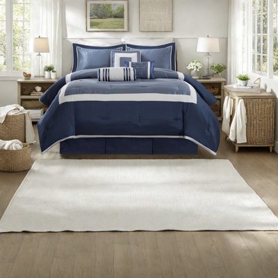 Luxury 7-piece Bedding Set, Navy Polyester, Hotel Chic Design For Home