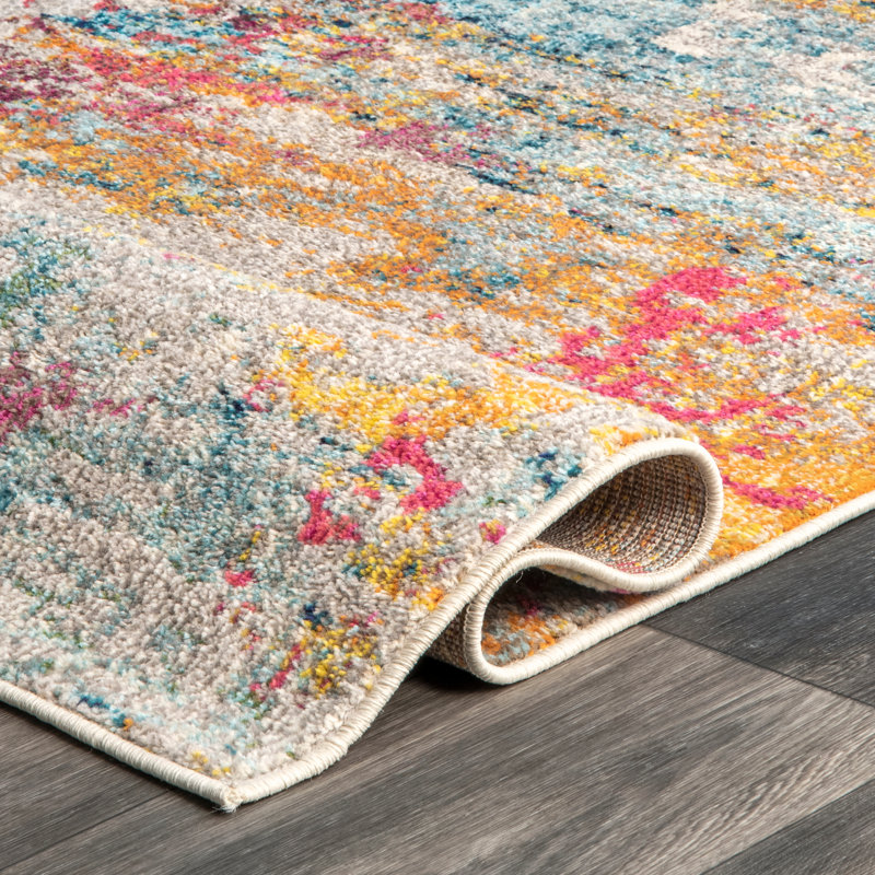 Hiroko Abstract Power Loom Performance Ivory/Blue/Pink/Yellow Rug, Rectangle 9' x 12'