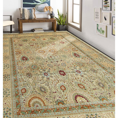Tapis beige en laine noué à la main de conception unique 9 pi 11 po x 13 pi 7 po Fiorella
