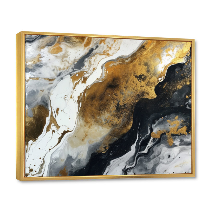 Or noir veines de couleur I - impressions abstraites d'art mural, Cadre flottant doré, H 12 po x l 20 po x P 1 po
