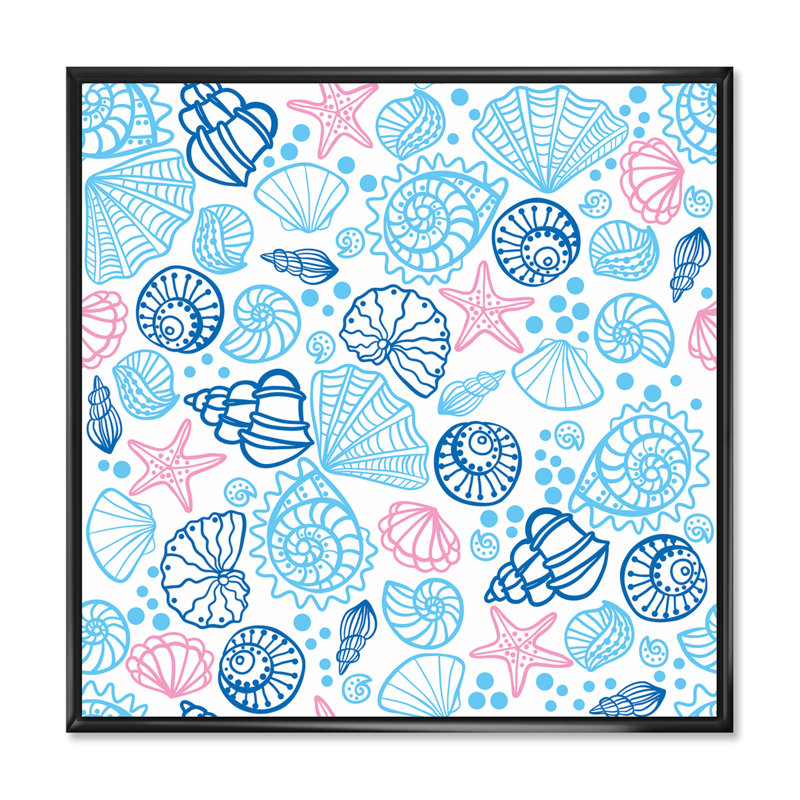 «Red Sea Stars With Blue Seashells», reproduction d'art sur toile à motifs, H 16 po x l 16 po x P 1 po, Cadre flottant noir