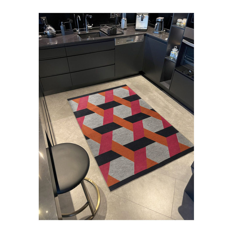 Tapis décoratif lavable à la machine à motif géométrique rose et orange, Tapis de couloir 4 pi 11 po x 9 pi 10 po inclus