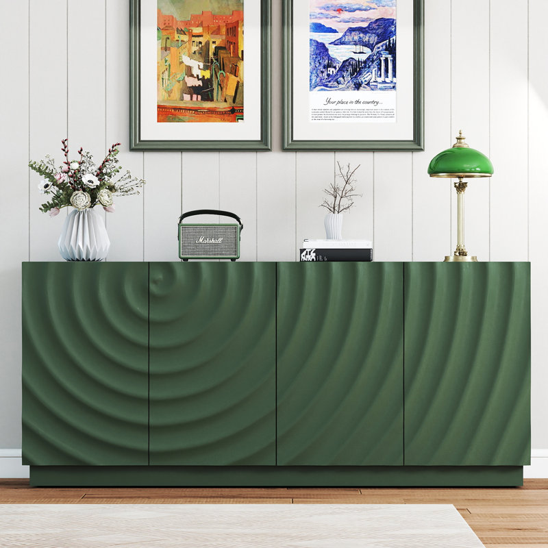 Buffet 59 po avec grain spiralé et armoire moderne à 4 portes pour le rangement de la cuisine ou du salon, vert, Vert