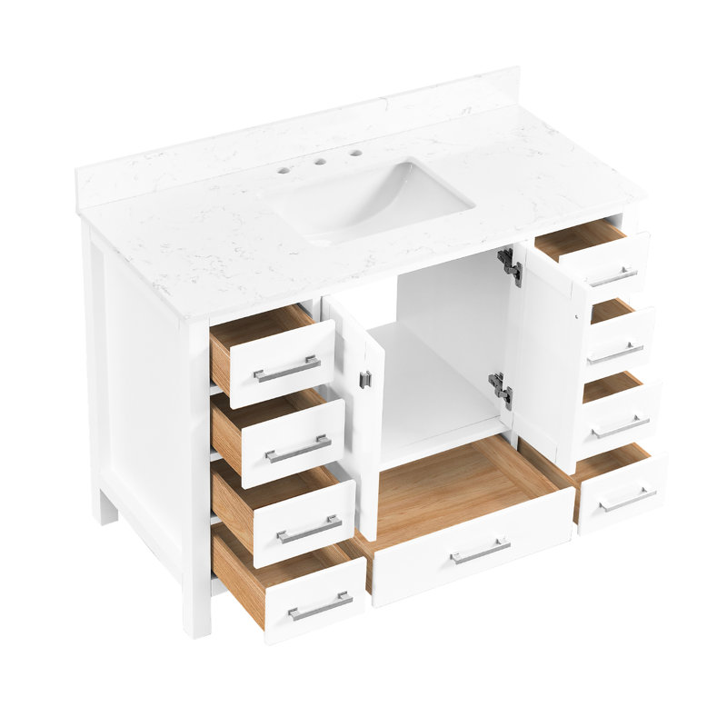 Meuble-lavabo de salle de bain de 122 cm avec lavabo, en bois massif, à fermeture amortie, léger et blanc. Armoire de rangement autoportante de 122 cm avec plateau coulissant.