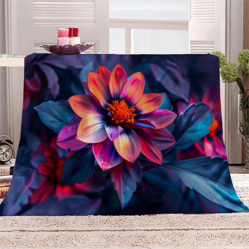 Couverture polaire royale à motif floral néon - Jeté en flanelle ultra douce et moelleuse pour lit, canapé, motif mandala, décoration florale bohème, 76 x 102 cm