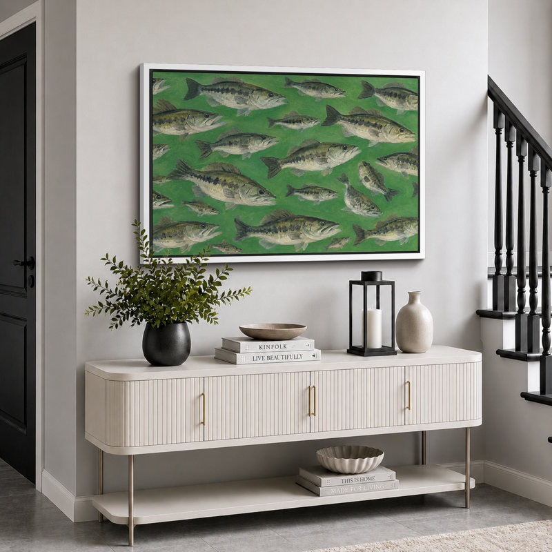 «Green Bass School Fish», reproduction d'art sur toile encadrée, impression sur toile, H 16 po x l 24 po x P 1,5 po