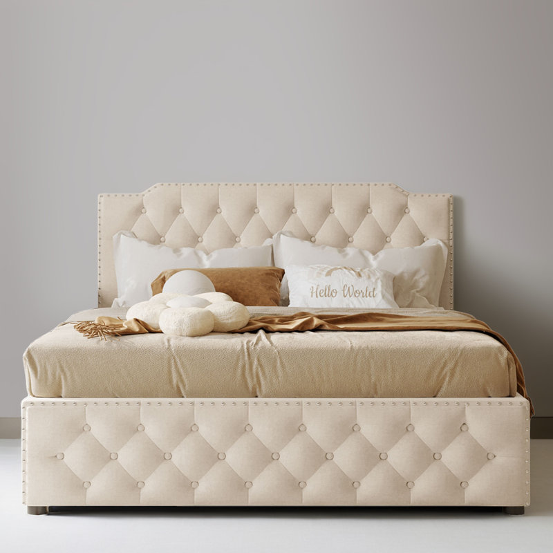 Base de lit tapissier grand format avec lit gigogne et ports USB, Beige
