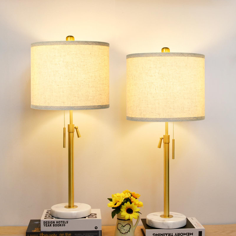 Adjustable Height Modern Table Lamps Set Of 2, 3-Way Dimmable LED Bulbs,  Fabric Shade, Gold/White