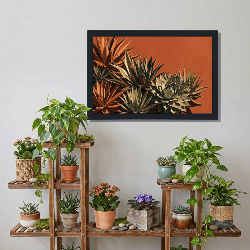 Toile d'agave verte et brune sur fond terre cuite, art mural, H 12 po x l 18 po