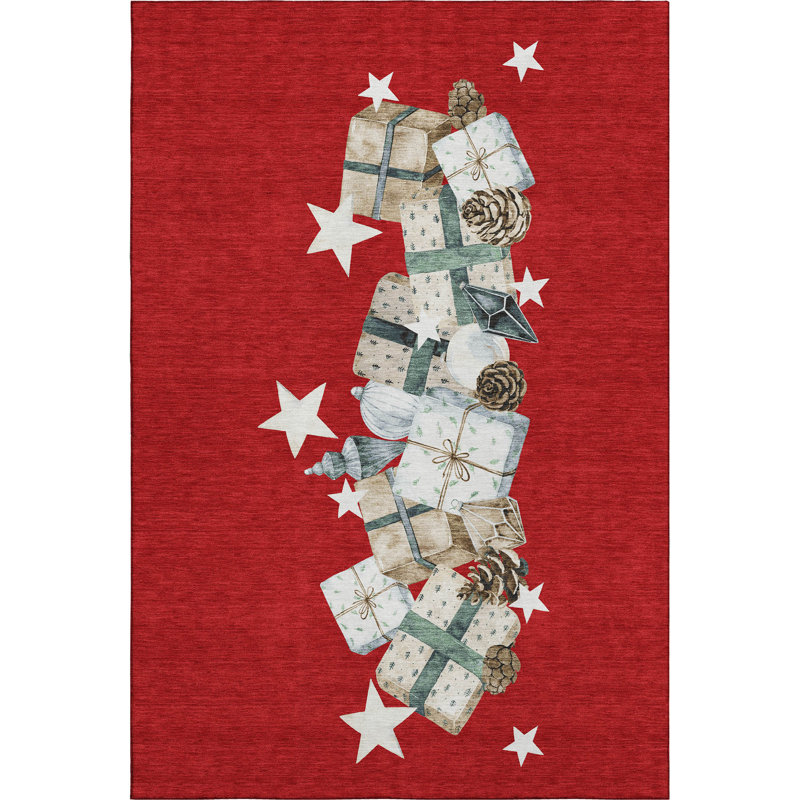 Premium Machine Washable Castillon AMF1825 Stars and Presents Holiday Rug, Rectangle 5' x 7'6"