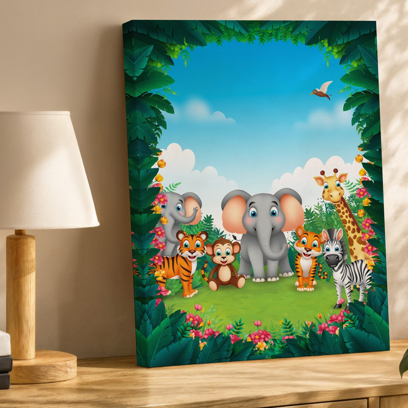 Toile, scène de jungle animée et animée avec une variété d'art mural adorable comprenant deux éléphants joyeux
