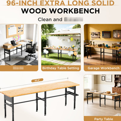Fabriqué en bois massif de 244 cm (96 po) avec une capacité de 907 kg (2 000 lb), hauteur réglable, côtés, prise de courant et rangement - Pour le montage et la réparation - Plateau de 244 cm (96 po), prise, boîte, roulettes ou pieds de nivellement - Idéal pour le travail du bois.