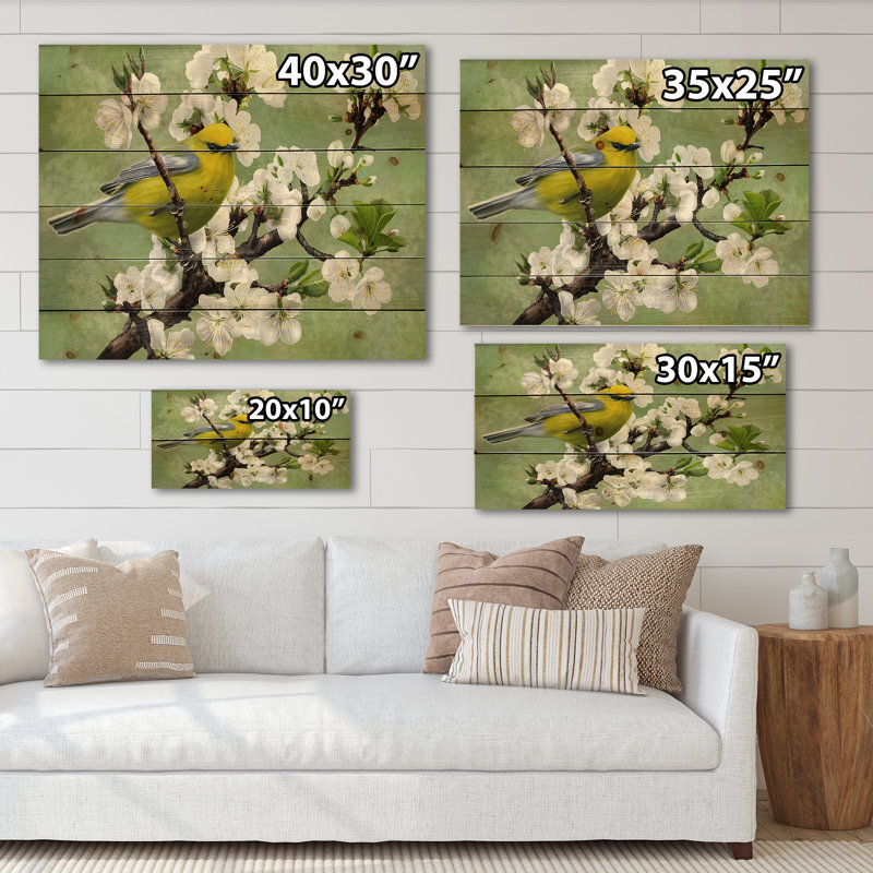 Oiseau sur une branche de cerisier - Impression traditionnelle sur bois de pin naturel, H 10 po x l 20 po x P 0,78 po