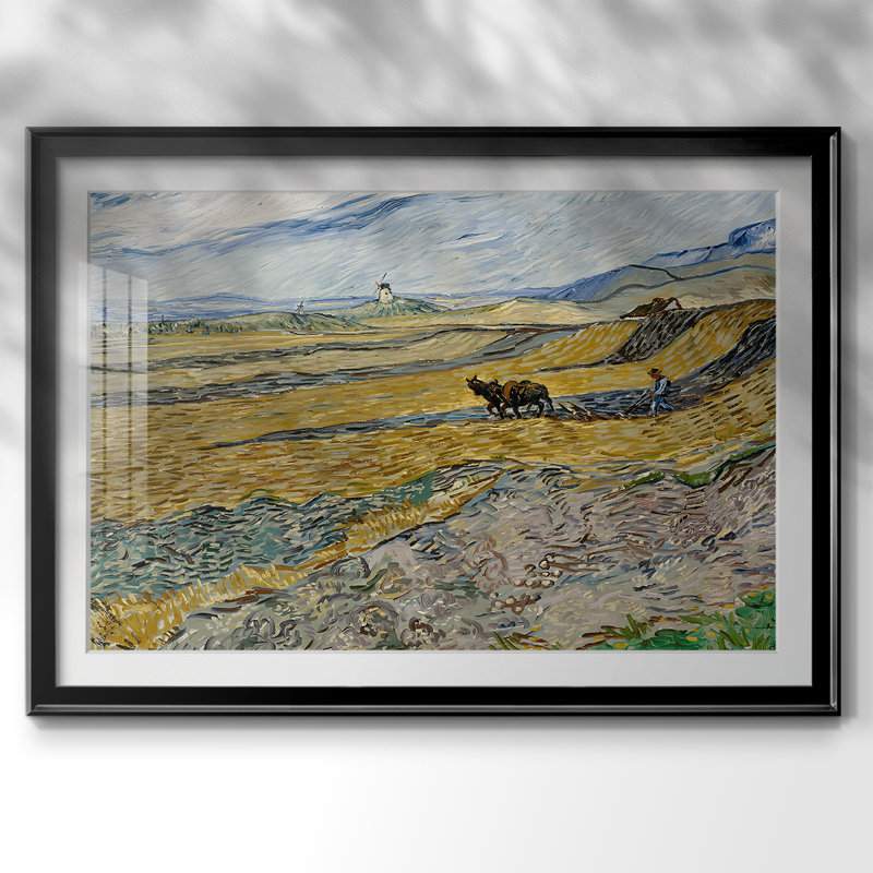 Enclosed Field with Plowman-Vincent van Gogh-Reproduction encadrée avec passe-partout et verre-1889, 26,5 x 36,5, Noir