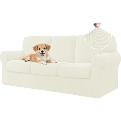 7-Piece Sofa Cover Set – Cream – Large, Washable, Stretch Slipcovers With Separate Backrest And Cushion Covers, Non-Slip Furniture Protector For Pets