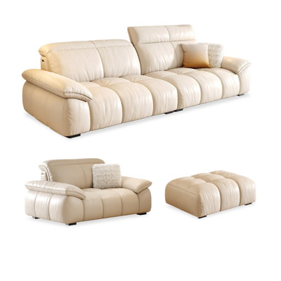 Ensemble de salon 3 pièces en cuir véritable blanc