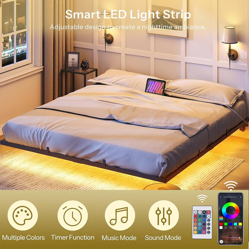Cadre de lit flottant pour très grand lit, cadre de lit avec station de charge et lumières DEL, lit pour très grand lit plateforme en métal de style industriel, silencieux, aucun sommier tapissier requis, noir