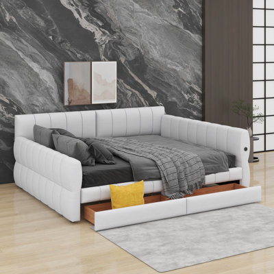 Queen Size Upholstered Platform Bed With USB And Drawers