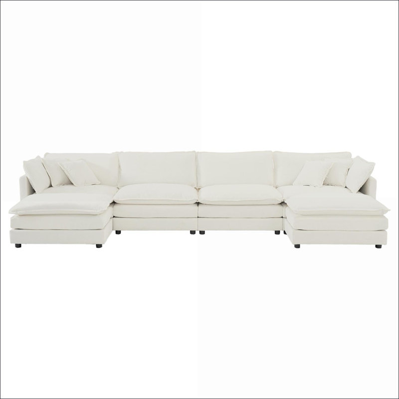 Canapés modulaires | Canapé modulaire moderne en U, méridienne réversible, 2 repose-pieds supplémentaires pour le cinéma maison de salon | Blanc | Chenille