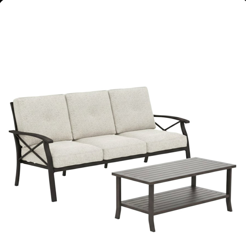 2 Piece Outdoor Patio Set, 70 Inches All-Weather Metal 3-Seat Metal Patio Sofa And Rectangular Coffee Table, With Beige Cushions & Khaki Frame