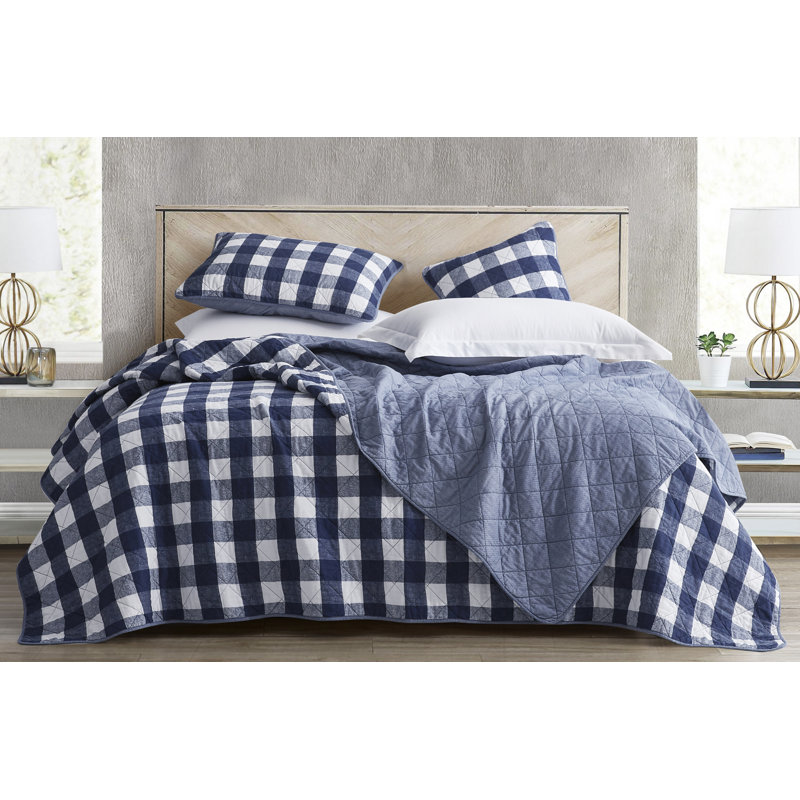 Pre-Washed Cotton Plaid Lightweight Reversible Quilt Set, King Quilt + 2 King Shams, Blue/White