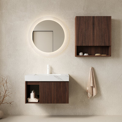 Ensemble combiné EIDEN 30 + TOBI 26, meuble-lavabo mural pour salle de bain, plateau en pierre frittée Cal Vein, lavabo en céramique, 1 trou de robinet pré-percé, robinet et drain exclus, couleur grain de bois naturel