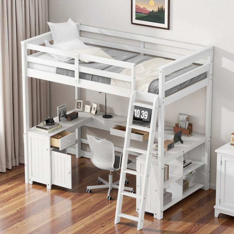 Lit mezzanine avec bureau en U, tiroirs, tablettes de rangement et armoire, Blanc
