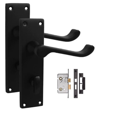 Golden Grace Premium Victorian Scroll Bathroom Door Handles with Latch Pack Set in Matt Black Finish - 120mm x 40mm Backplate