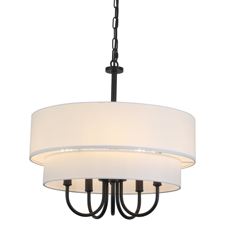 5 - Light 18" W Modern Fabric Tiered Drum Shape Dimmable Chandelier For Dining Room Bedroom Foyer, Matte Black