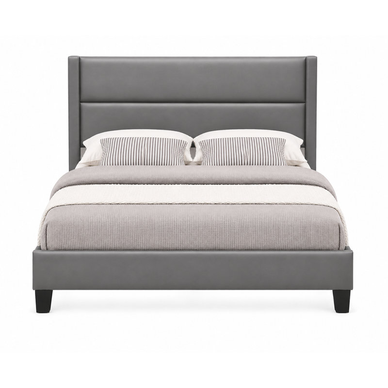 Lit plateforme tapissier avec tête de lit capitonnée horizontale, gris, contemporain, Double, Gris