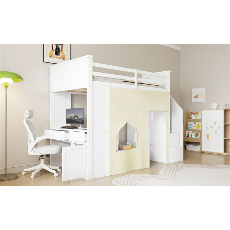 Lit mezzanine simple avec bureau et casiers, deux tiroirs intégrés, escalier de rangement et rideau, blanc