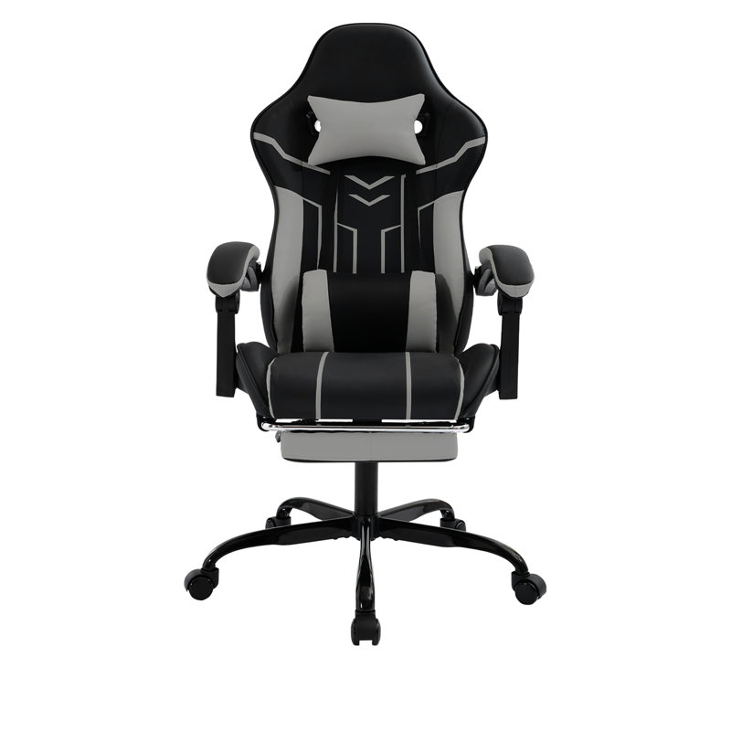 Black Grey Leather Office Gaming Chair With Ergonomic High , Lumbar Massage, Retractable Footrest, 360 Rotating , Adjustable Computer , And Support, Reclining 90 - 135,