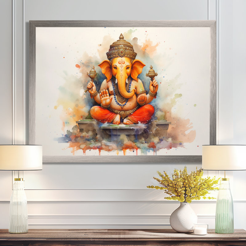Éléphant vibrant d'Hinduisim II, H 30 po x l 40 po x P 1,5 po, Cadre simple argenté