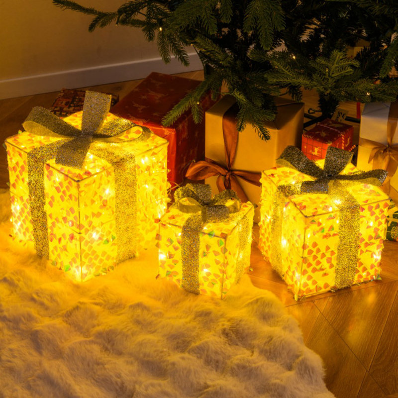 Ensemble de 3 boîtes-cadeaux de Noël éclairées avec 90 lumières DEL préinstallées et des arcs