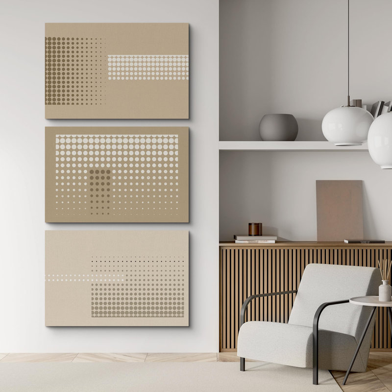 Geometric Line " Modern Beige And Tan Dot Gradient Abstract Geometric " 3 - Pieces, 24" H x 36" W, Wrapped Canvas