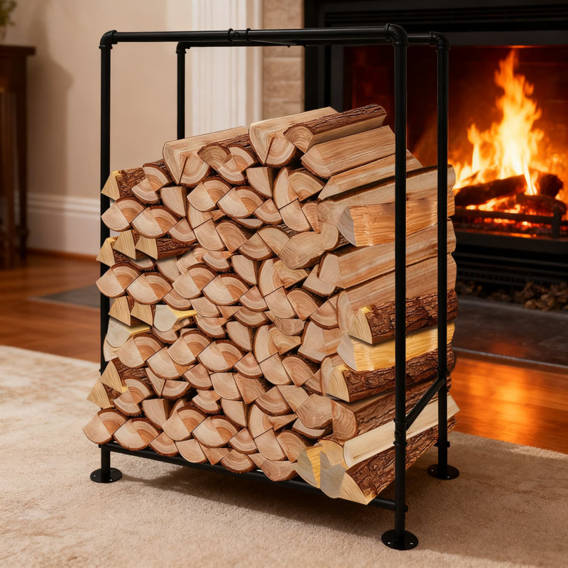 Support à bois de chauffage robuste pour une utilisation intérieure et extérieure, revêtement ignifuge et antirouille, fabrication en tuyau de fer rond durable, supporte jusqu'à 100 lb, facile à assembler pour le foyer et le rangement dans le salon