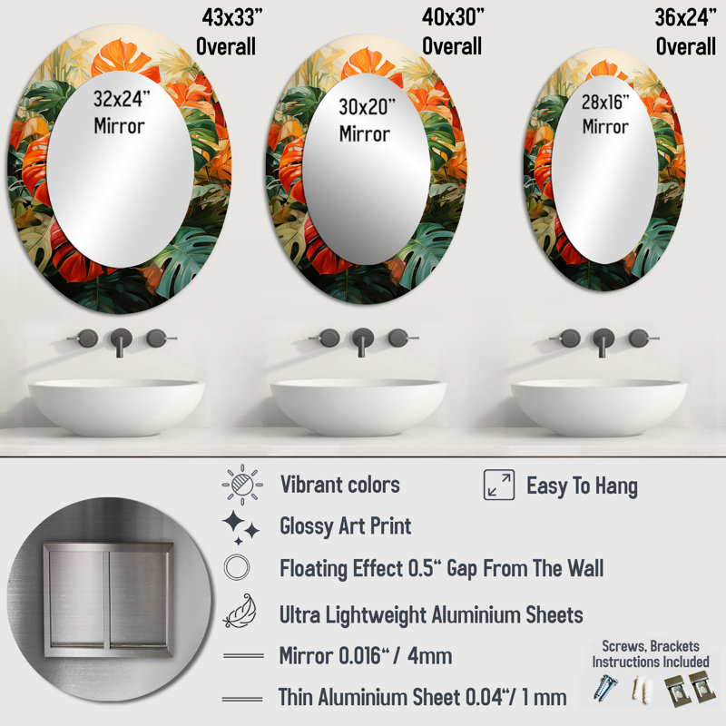 Orange Green Tropical Foliage I - Modern Oval Wall Mirror, 40" x 30"