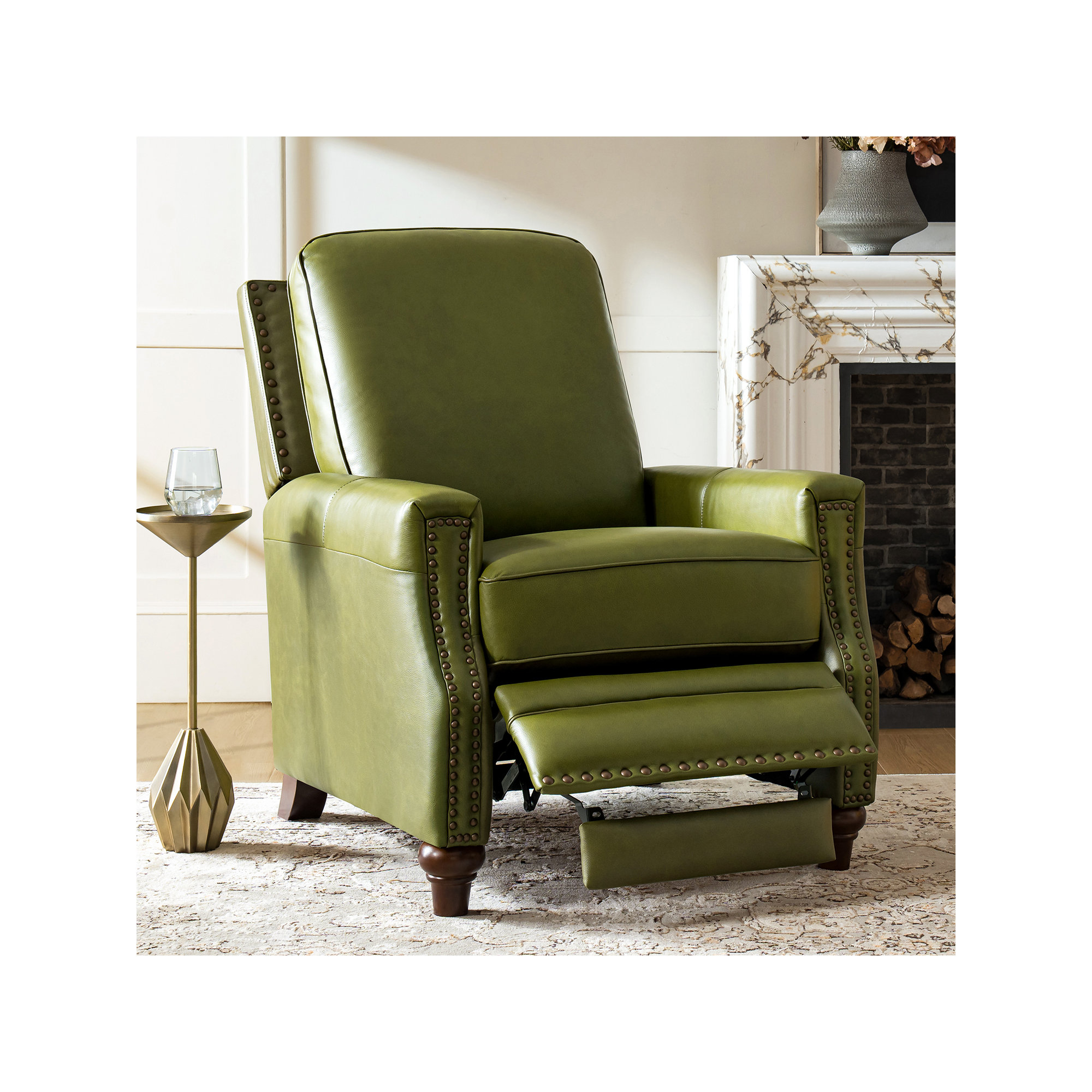 Andrena Genuine Leather Recliner with Nailhead Trim, Genuine Leather Olive