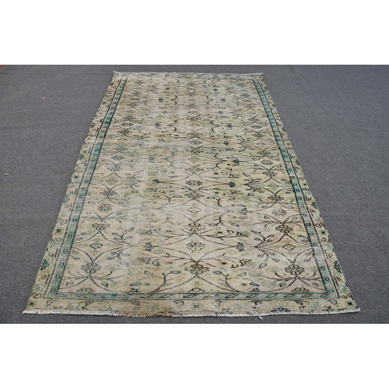Grand tapis beige turc tissé à la main rétro parfait pour le salon Beige / vert
