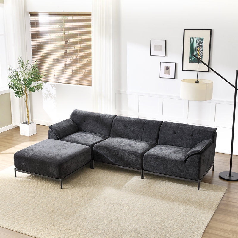 106.3" L-shape Sectional Sofa with Ottoman, Black Chenille