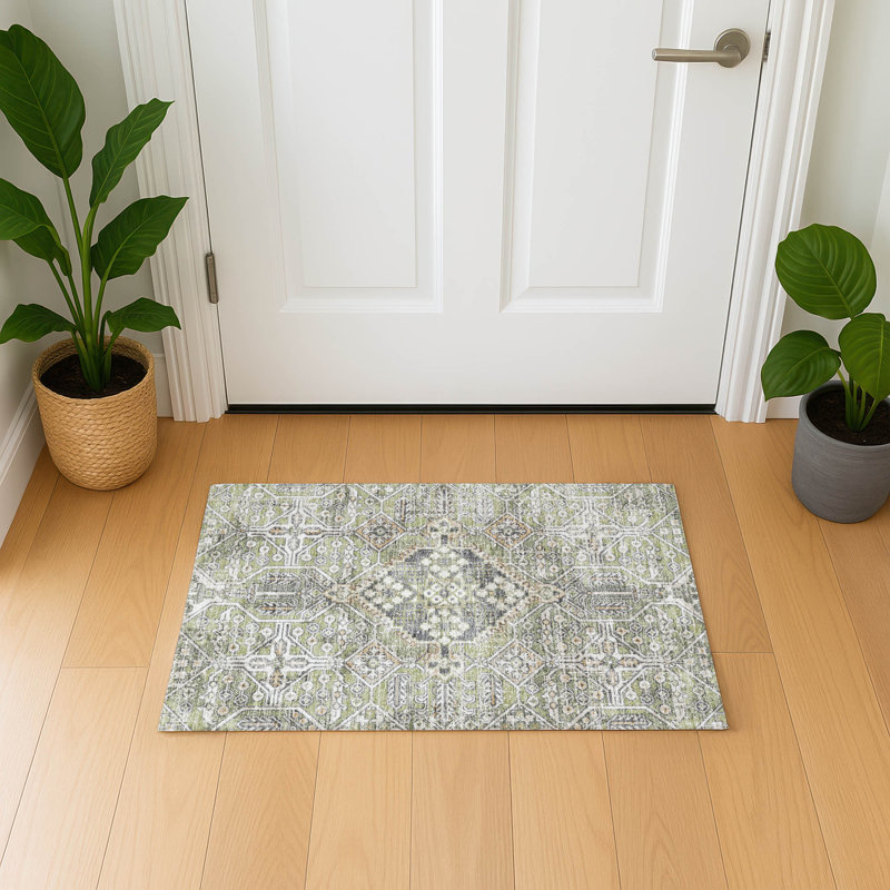 Premium Machine Washable Mayfield AMF2197 global Rug, 1'8" x 2'6", Aloe
