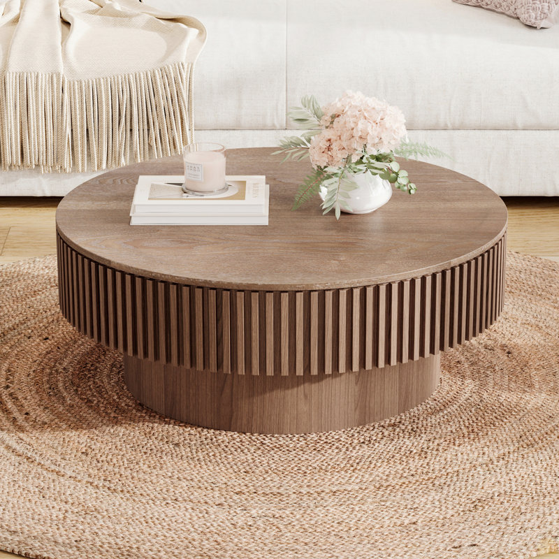 Table basse 31,5 "ronde avec rangement Table d'appoint moderne en placage de bois massif, Noyer