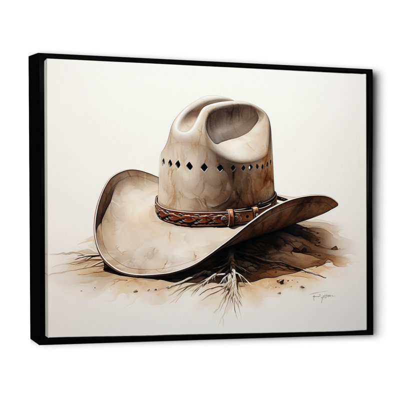 Chapeau de cowboy style minimaliste V - Cowboys, art mural de salon, Cadre flottant noir, H 30 po x l 40 po x P 1,5 po