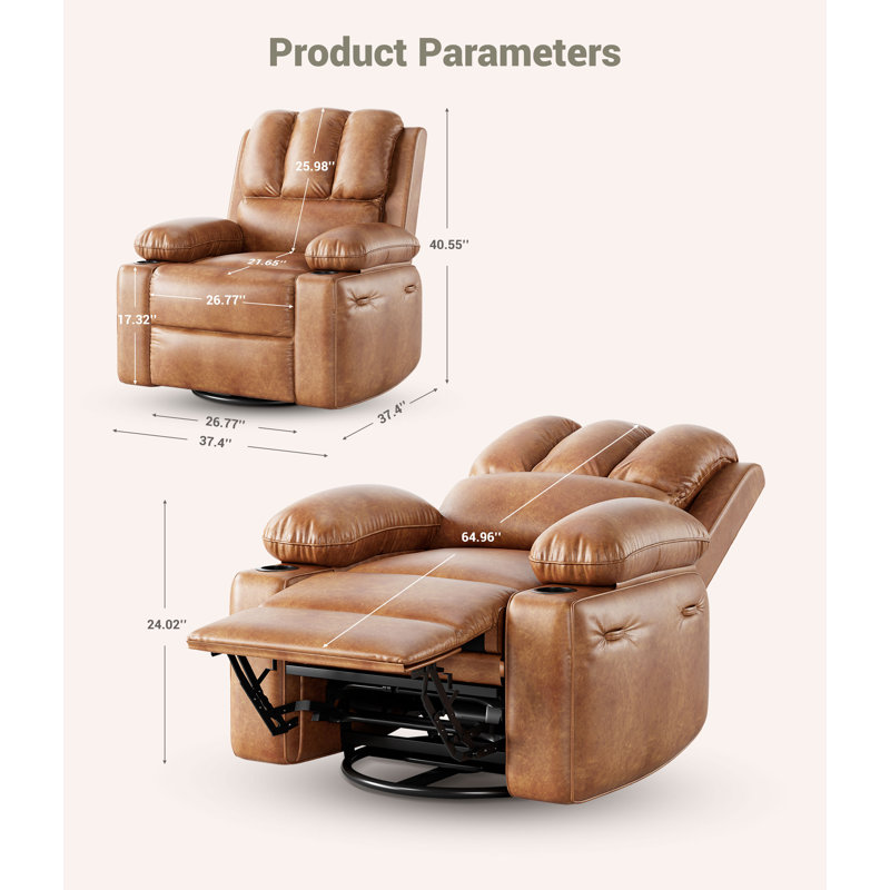 Oversized Electric Power Recliner Chair, PU Leather Swivel Rocker with Massage & Heat, USB Ports, Cup Holders, Side Pocket and Remote Control, Single Sofa Seat for Living Room, Brown