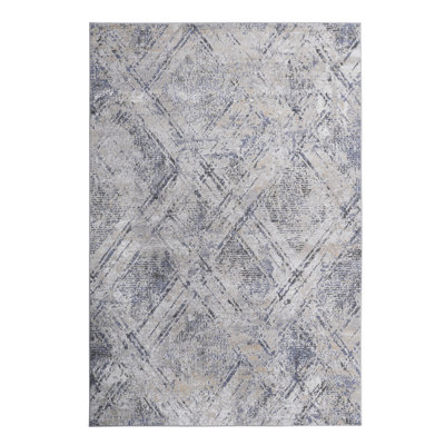 Loom & 5X7 Area Rug In Blue/Grey Geometric, Non-Shedding, Stain , For Home Office Bedroom Dining Living Stylish Geometric Rug, Meets Decor Demands