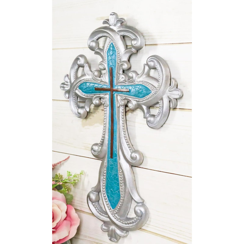 Art floral à volutes de Southwestern avec croix murale en couches turquoise
